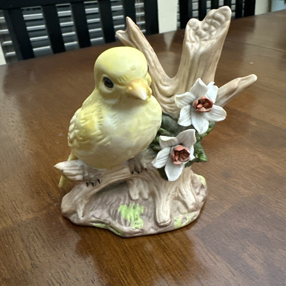 Yellow Bird Canary‎ Finch On Branch W/ Flower Bisque Porcelain Figurine 1980s